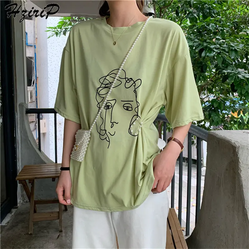 

Hzirip Loose Print Character Stylish 2019 Summer All-Match Sweet Women Fresh Tops New Half Sleeve Cotton Casual Basic T-shirt