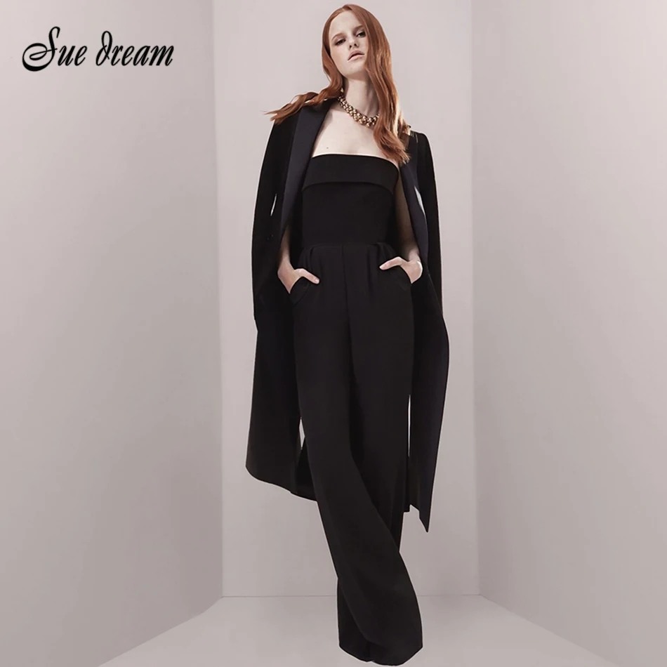 

2019 fashion strapless sexy business full length flared pants jumpsuit 2 piece suit suit long sleeve suit jacket jumpsuit