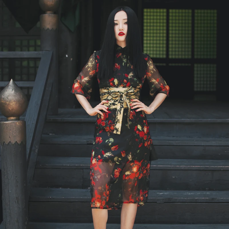 

2018 Elegant Woman Chinese style improvement Cheongsam Dark flower blossom ink Print Dress