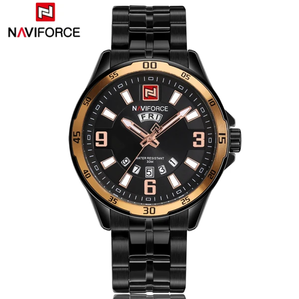 Мужские золотые часы Топ бренд Naviforce 9106 спортивные часы мужские водонепроницаемые полностью Стальные кварцевые армейские военные часы мужские Relogio Masculino - Цвет: Gold Black