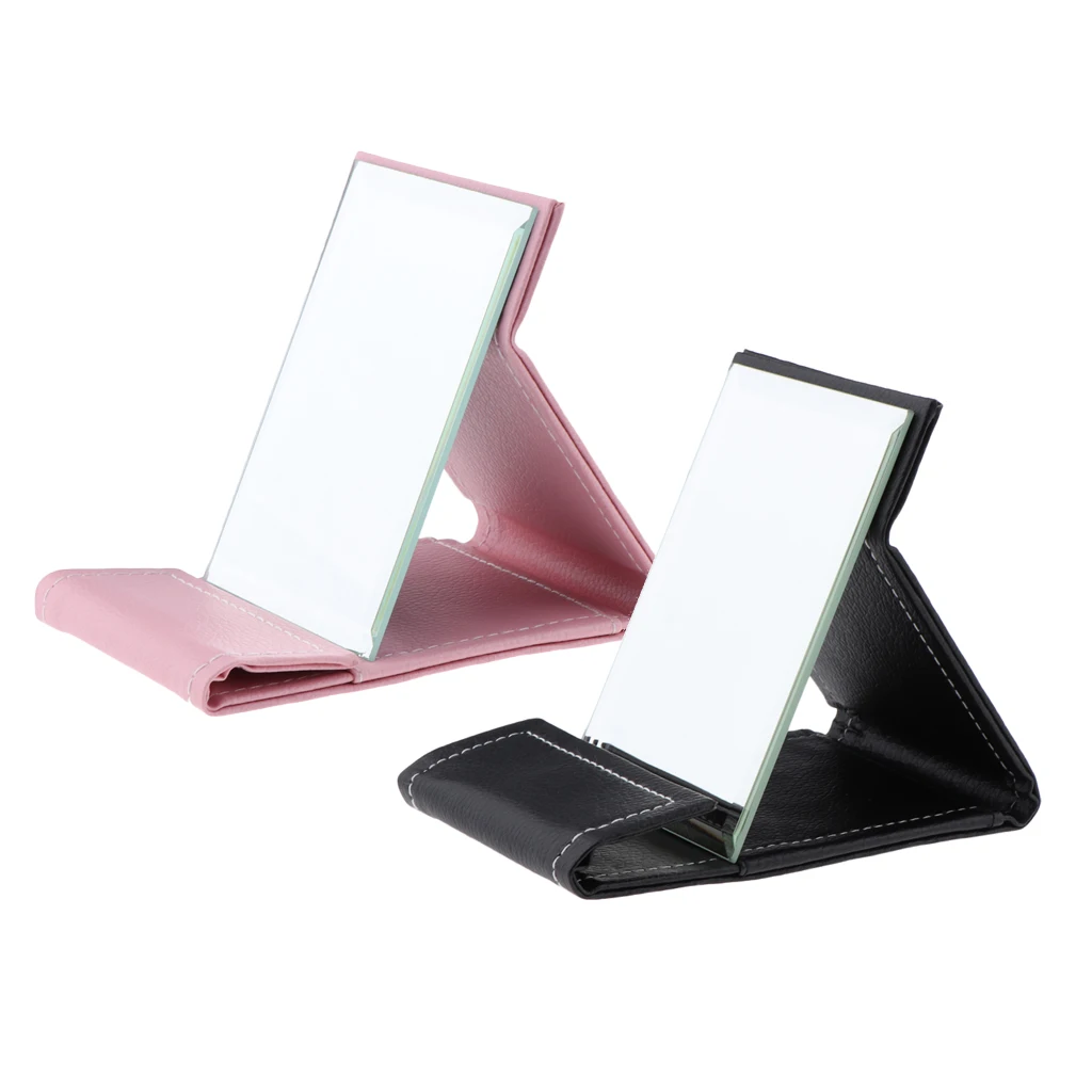 Portable Folding Vanity Makeup Mirror, Slim PU Leather Foldable Compact Makeup Tabletop Travel Cosmetic Mirror with Standing