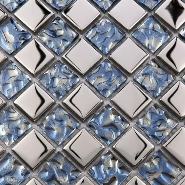 Metallic mosaic tile mirror brushed blue kitchen backsplash bathroom