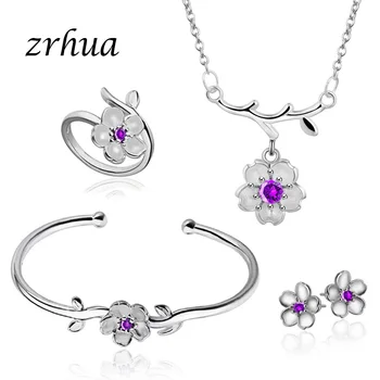 

ZRHUA High Quality 925 Sterling Silver Cool Elegant Jewelry Sets for Women Pendant Necklace Earrings Ring Bangle Flower Gifts
