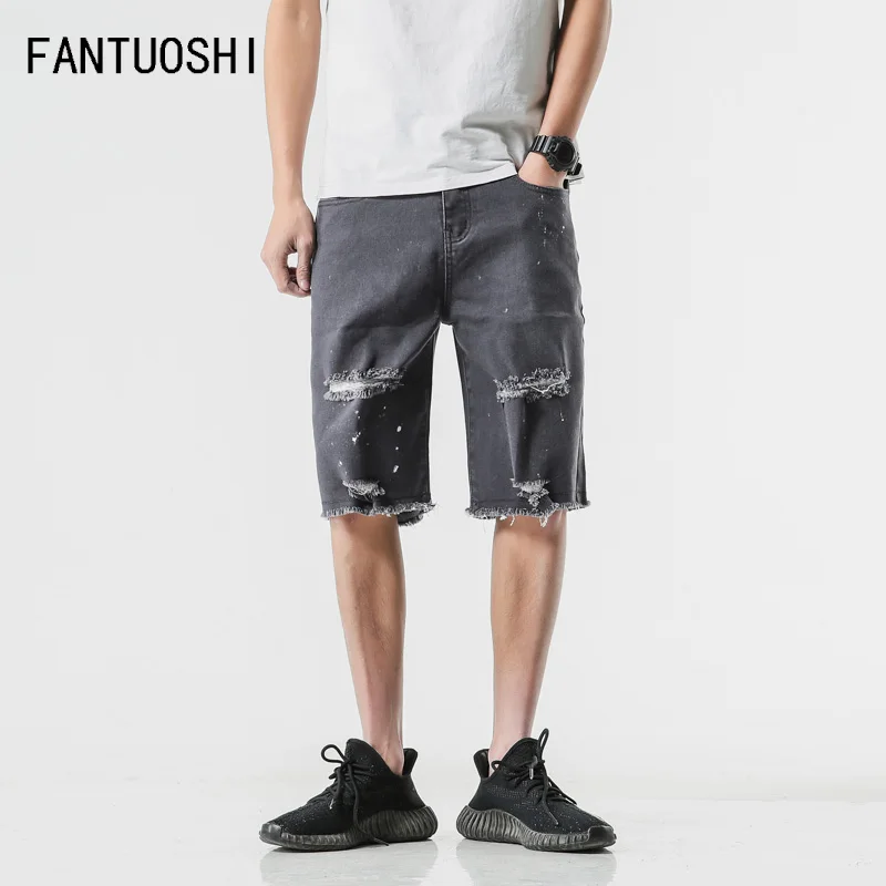 Мужские летние джинсовые шорты мужские джинсы высокого качества до колена мужские джинсовые шорты модные повседневные мужские шорты с дырками Большие размеры серый 5XL