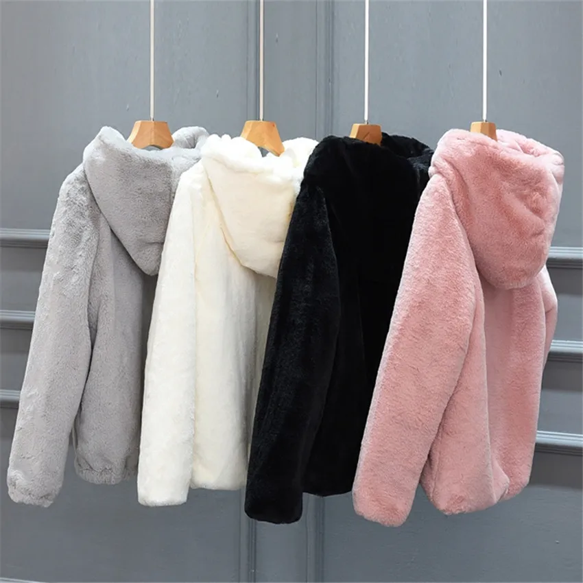 

Autumn Winter Warm Thick Faux Mink Fur Coat Women Long Sleeve Fur Jacket Female Slim Hooded Zipper Outwear Short Coats SF01090