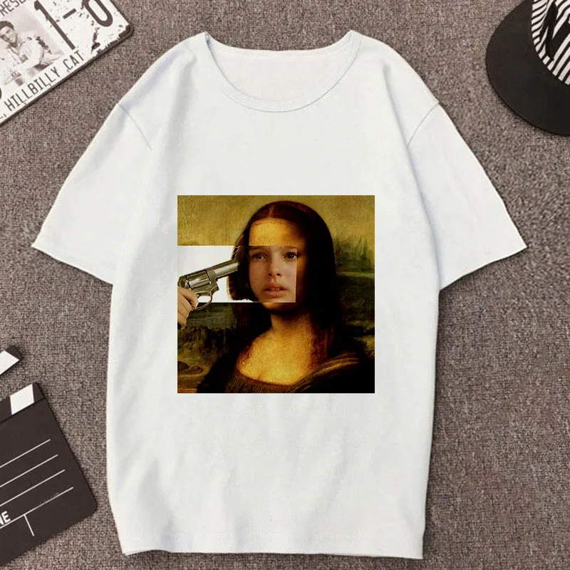 Женская футболка в стиле Харадзюку Mona Lisa белая с тонким разрезом лето
