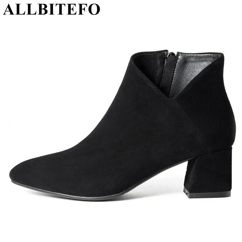 

ALLBITEFO fashion genuine leather pointed toe thick heel women boots thick heel high quality winter motorcycle boots girls boots