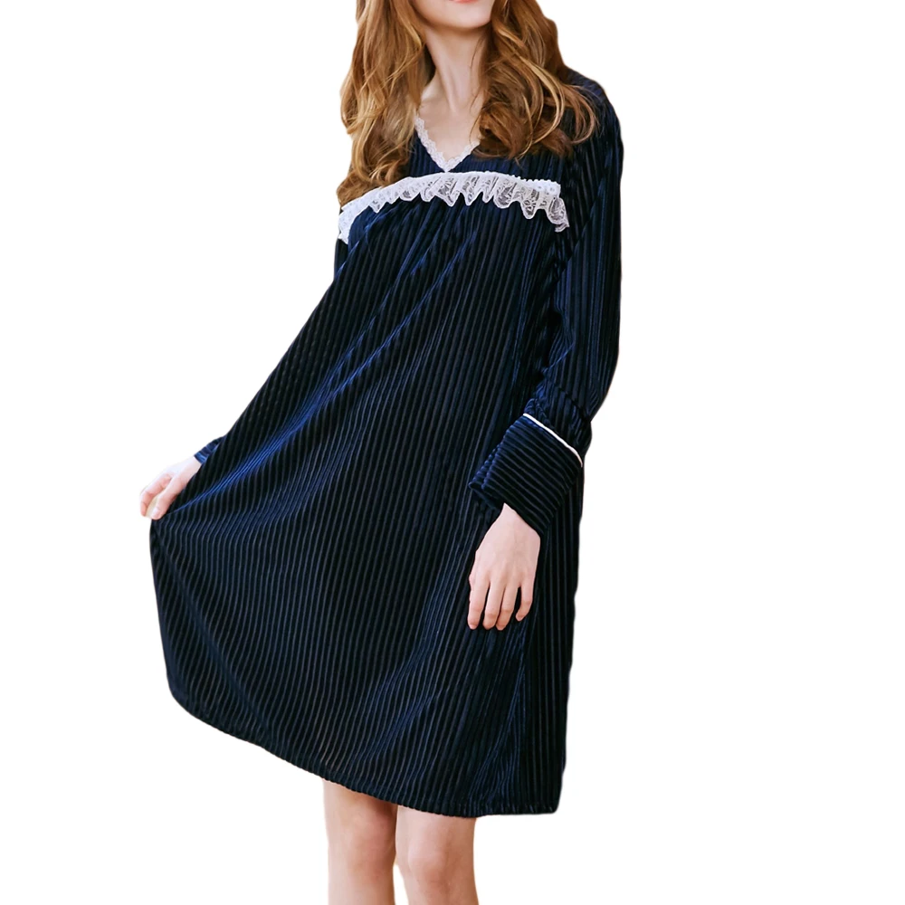 

UNLIMON Women Pleuche Nightgowns Navy Night Dress Girls Lace House Dress Full Sleeve Autumn
