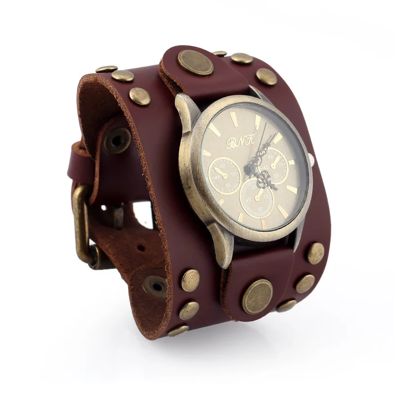 

New Europe and the United States punk retro wide leather bracelet watch fashion men's personality leather quartz watches