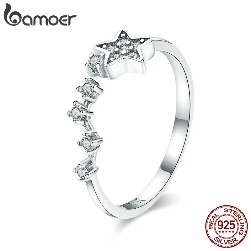 BAMOER Real 925 Sterling Silver Sparkling Secret Of Stars Clear CZ Finger Rings for Women Wedding Engagement Jewelry anel SCR440 BAMOER Real 925 Sterling Silver Sparkling Secret Of Stars Clear CZ Finger Rings for Women Wedding Engagement Jewelry anel SCR440