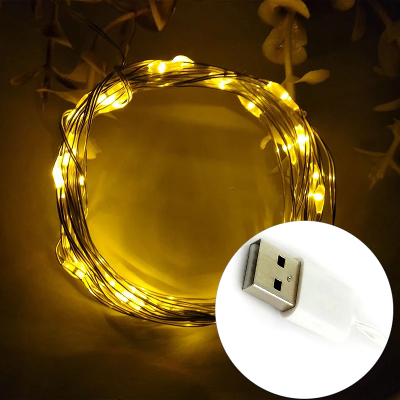 Светодиодная гирлянда 2 м 20/50/100 светодиодов 5 В с питанием от USB уличная теплая