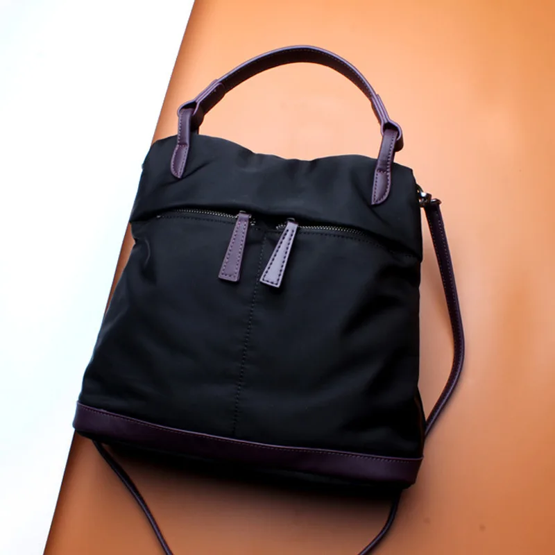 

Japan and South Korea Oxford cloth with leather bag fresh zipper canvas bag bucket shoulder Messenger bag