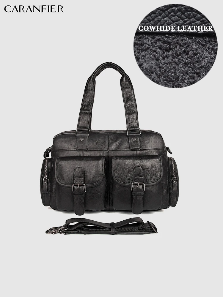 CARANFIER мужские дорожные сумки, винтажные сумки из натуральной коровьей кожи, сумки на плечо, одноцветные сумки на молнии для бизнесменов, компьютерные сумки - Цвет: Black2