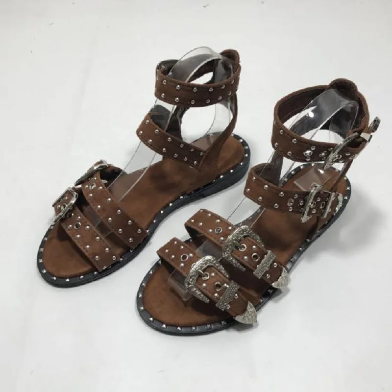 

Summer Multiple Buckle Rivets Rivets Peep Toe Ankle Wrap Women Sandals Open Toe Metal Back Strap Flat Heels Lady Shoes