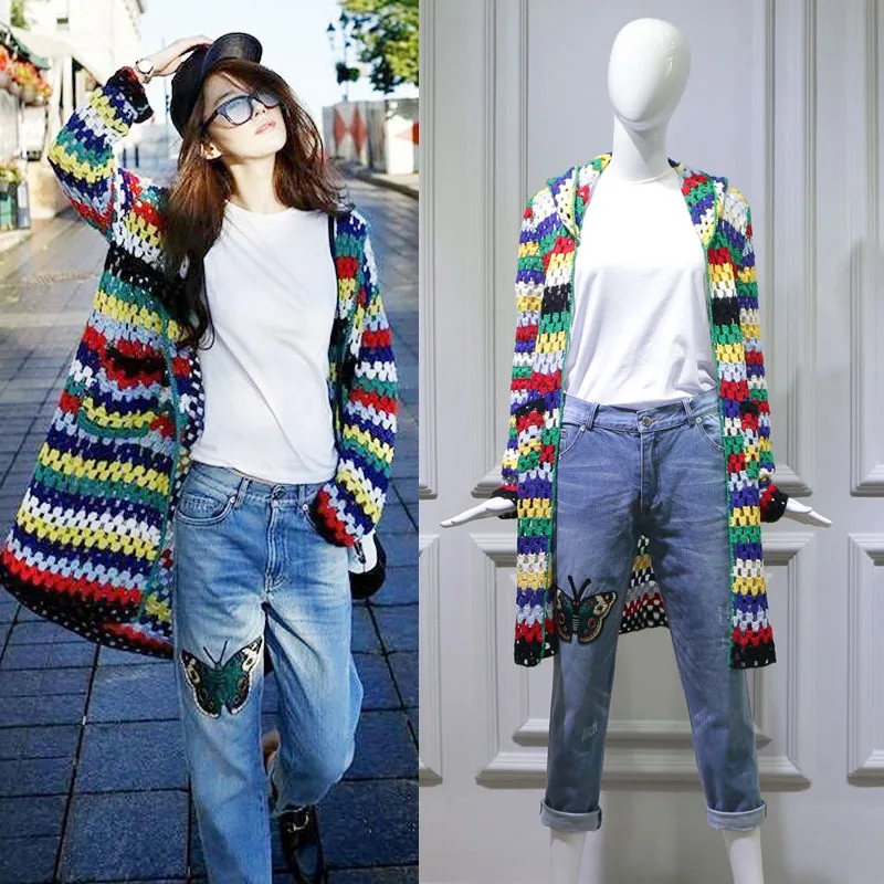 

Fall Dress Star Liu Yifei In 2019 Wears Jeans with A Long Cap and Loose Cardigan In The Same Hollow Knitted Sweater Women