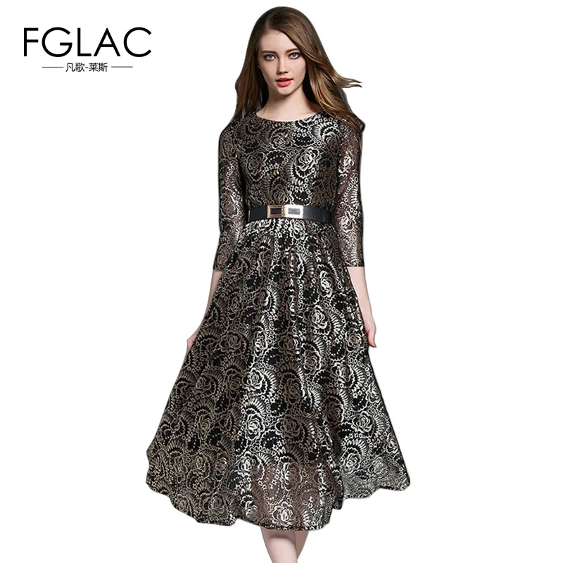 FGLAC Vintage dress New Arrivals 2018 Spring Fashion Hollow out lace dress Elegant Slim High waist long dress women vestidos