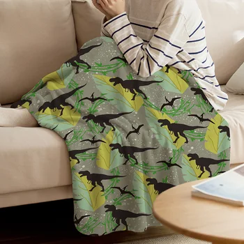 

BIGHOUSES Throw Blanket Leaves And Dinosaurs Throw Blanket Soft Warm Microfiber Blanket