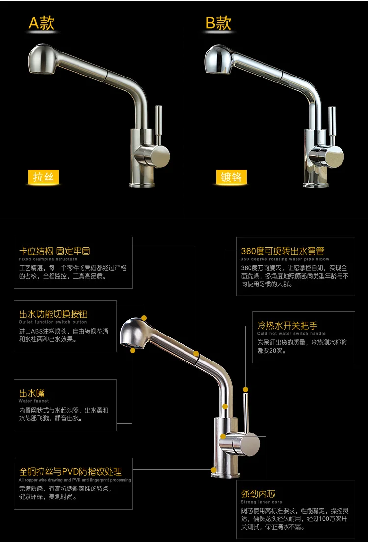 Рисунок и чертеж тип кухонный кран горячей и холодной воды, универсальный вращения может тянуть и растягивать блюдо бассейна кран