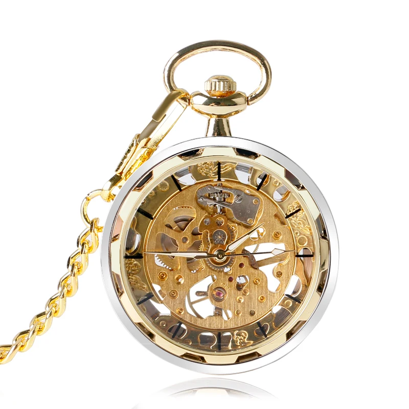 Luxury Golden Pocket Watch Skeleton Steampunk Mechanical Hand Wind Fob Clock Men Women Unisex Gift + Chain + Gift Bag 2017