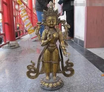 

21"Tibet Buddhist Fane Bronze gild Stand White TaRa Kwan-Yin Buddha Statue