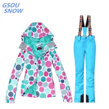 Gsou зимняя женская лыжная куртка для улицы, зимний лыжный костюм для женщин, водонепроницаемая 10000 ветрозащитная куртка для сноуборда+ супер теплые штаны