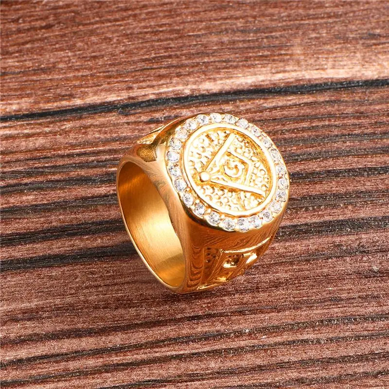 

HIP Hop Micro Pave Rhinestone Bling Iced Out Men Masonic Rings Stainless Steel Rings for Men Jewelry Gold Color Dropshipping