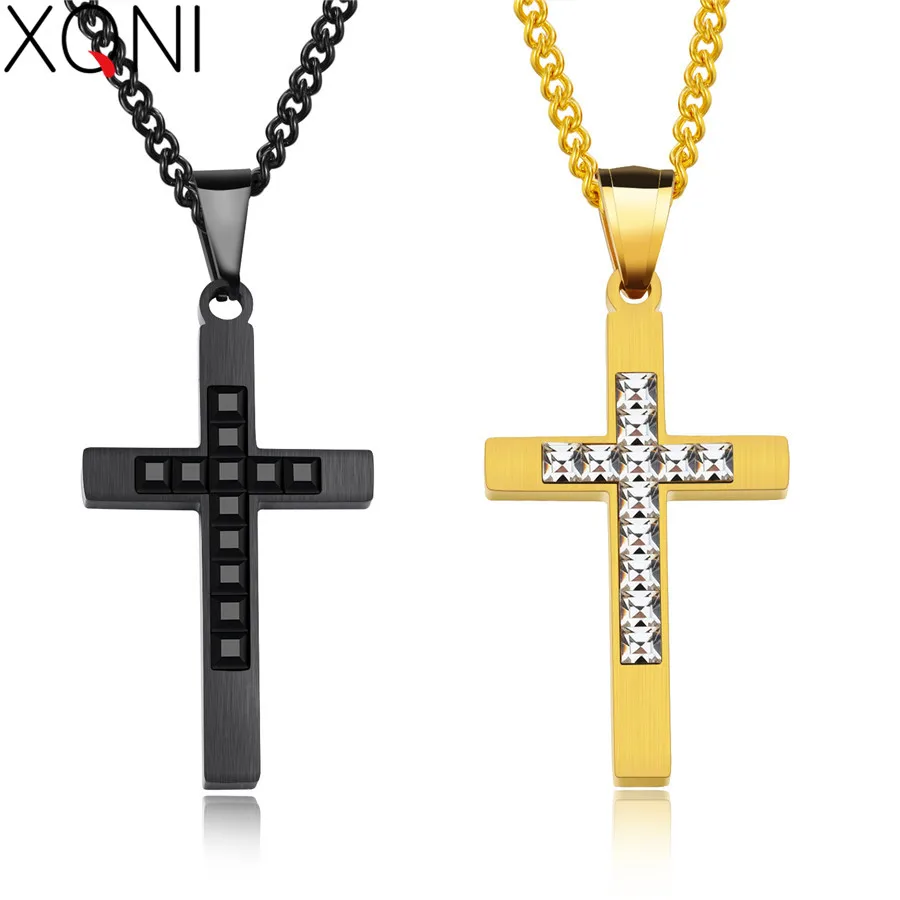 

XQNI Shining Inlaid Cubic Zircon Hip Hop Black/Golden Color Classic Religious Cross Pendant For Men Tide Male Blessing Necklace