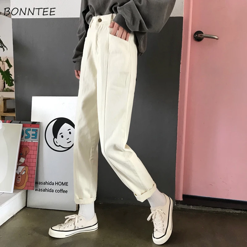

Jeans Women Solid High Waist Straight Korean Style All-match Pockets Trendy Womens High-quality Ladies Ankle-Length Trousers New