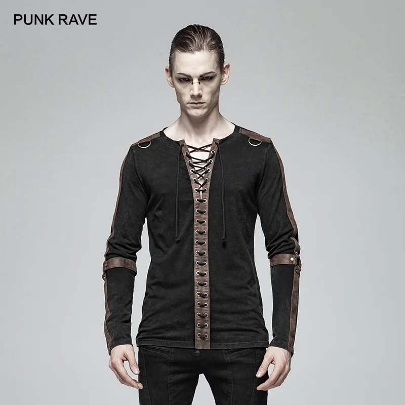 

PUNK RAVE Men's Steampunk Long Sleeve Fashion Personality T-Shirt Iron Motocycle Casual Men Tees Streetwear