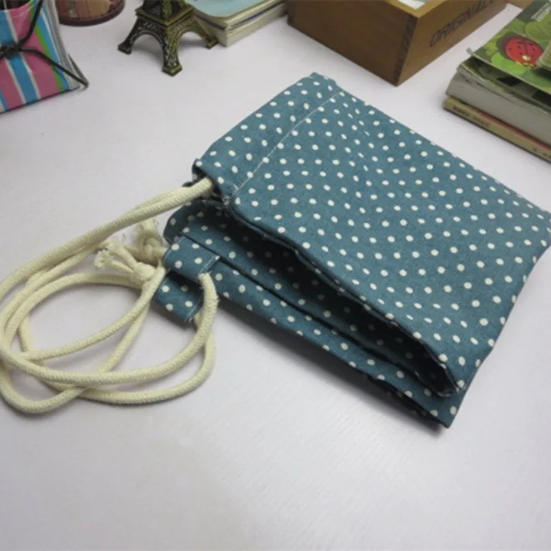 YILE 1pc Cotton Linen Drawstring Travel Backpack Student Book Bag Green Blue w Dots 1121-6 6