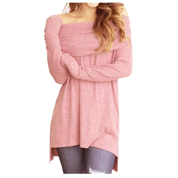 

Women Fold Over Knitted Sweater Off Shoulder Slit Pullover Women Basic Spring Autumn Jumper Sexy Long Sleeve Loose Sweater