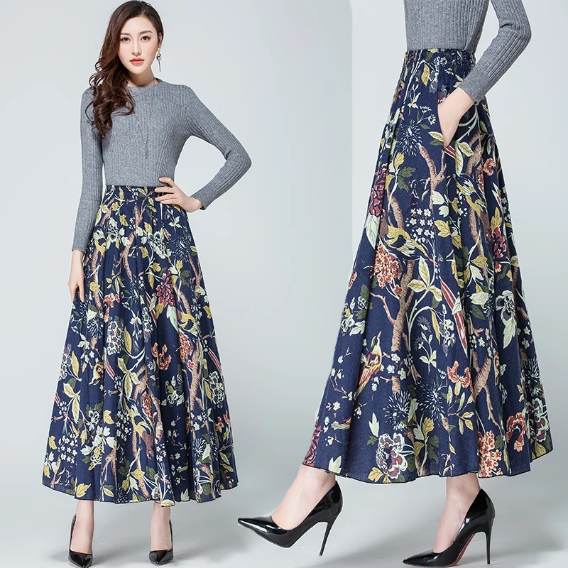 Vintage Womens Long Winter Skirt Printing Linen Skirt for sale-in ...