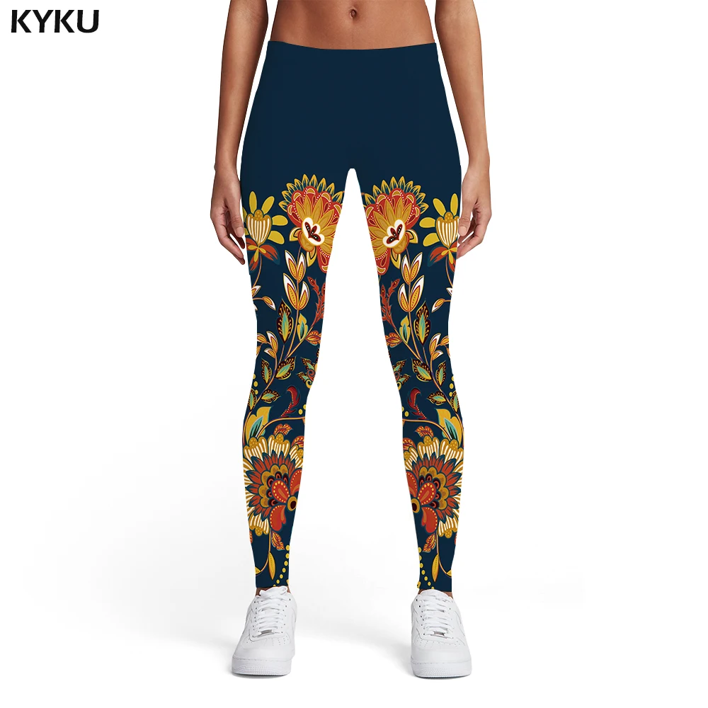 KYKU-Leggings con estampado de flores para mujer, pantalones de licra, arte, Vintage, con estampado 3d de hojas, Sexy, Pantalones de mujer polainas, Jeggins informales de verano