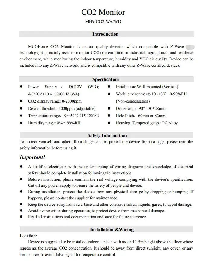 MCOHOME CO2 Монитор MH9 серии Z-Wave с поддержкой датчика монитор CO2 концентрации в воздухе с высокой точностью