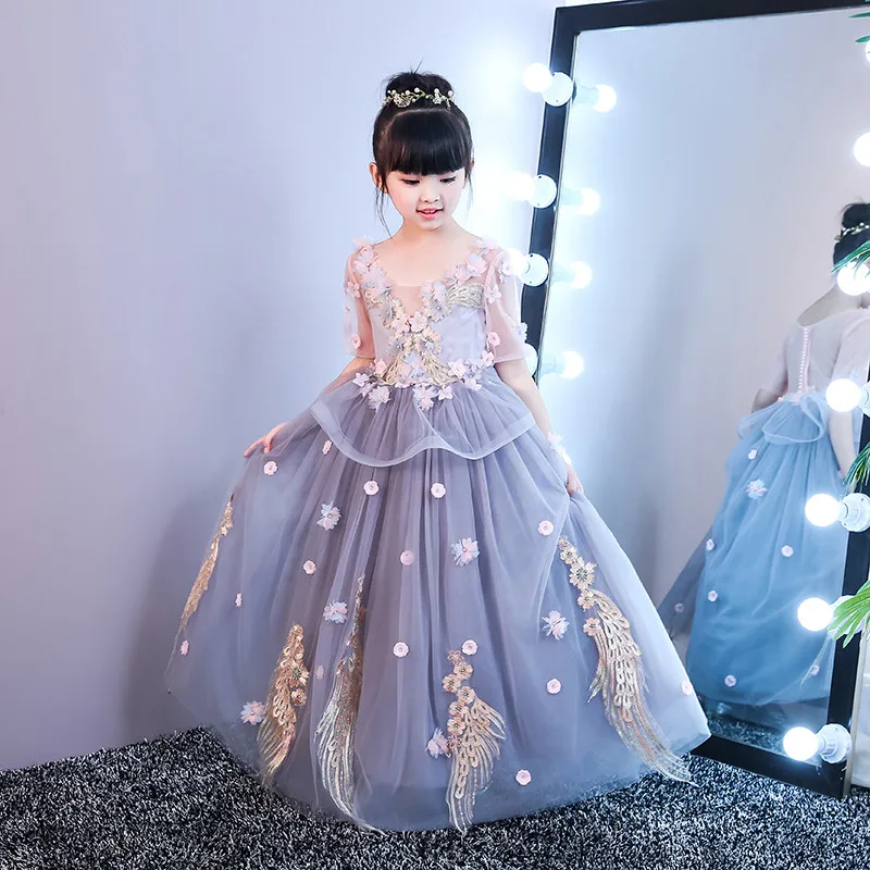 

Summer New Children Girls Elegant O-neck Princess Flowers Birthday Wedding Party Long Prom Dress Kids Babies Host Costume Dress