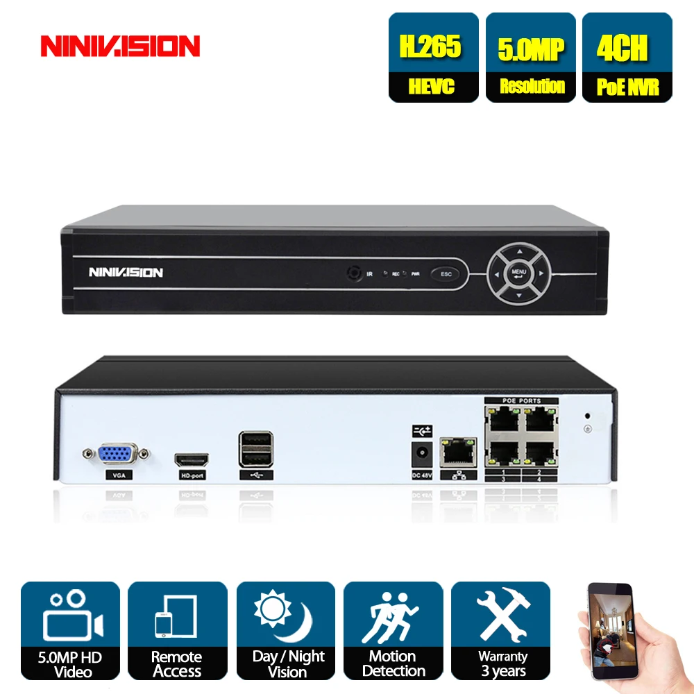 

NINIVISION H.265 H.264 4CH POE NVR Security IP Camera video Surveillance CCTV System P2P ONVIF 2MP/5MP/4K Network Video Recorder