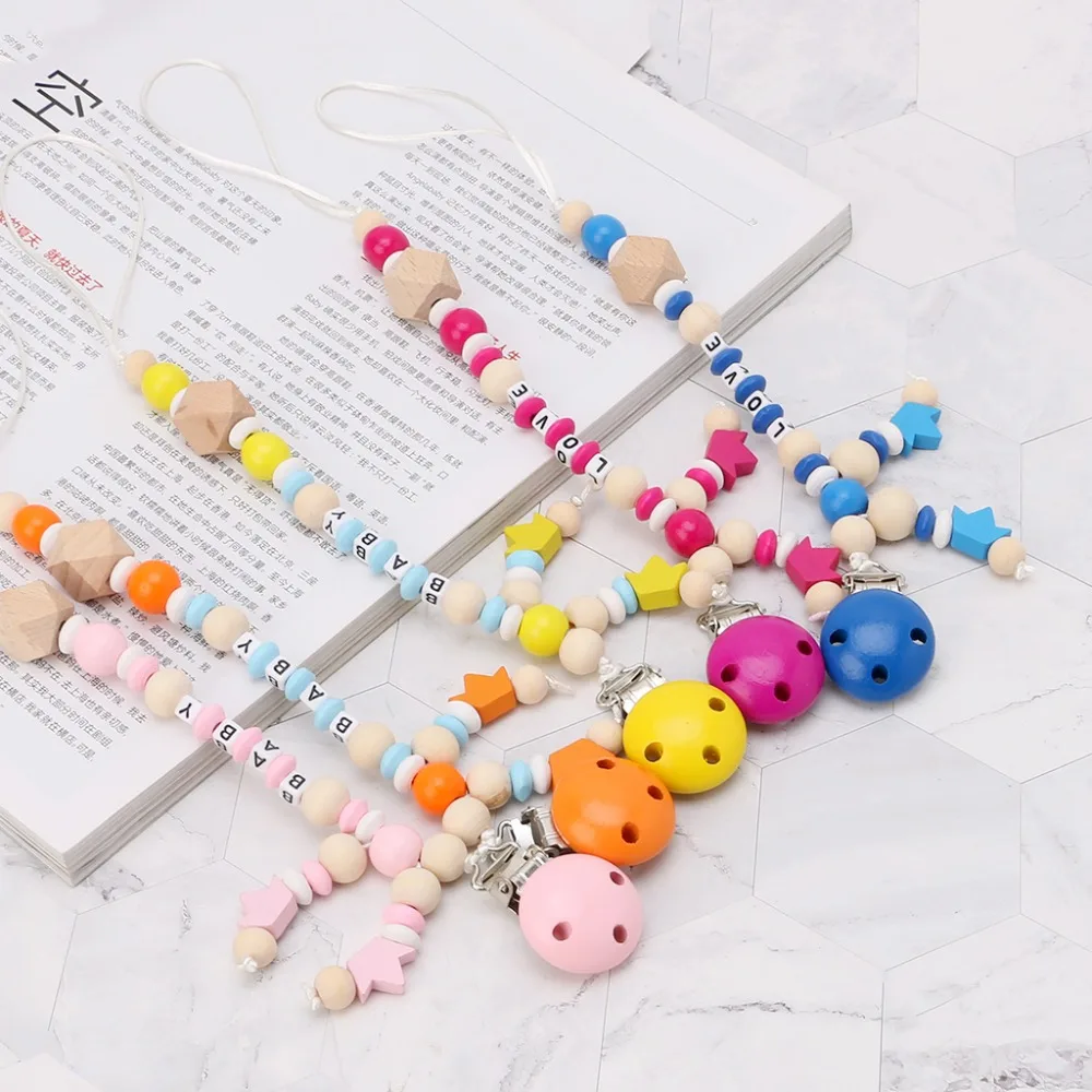 

Pacifier Chain Natural Wood Beads Letter Teether Nipple Holder Strap Clip Hanging Newborn Toddler Infant Care Safe Dummy Clips