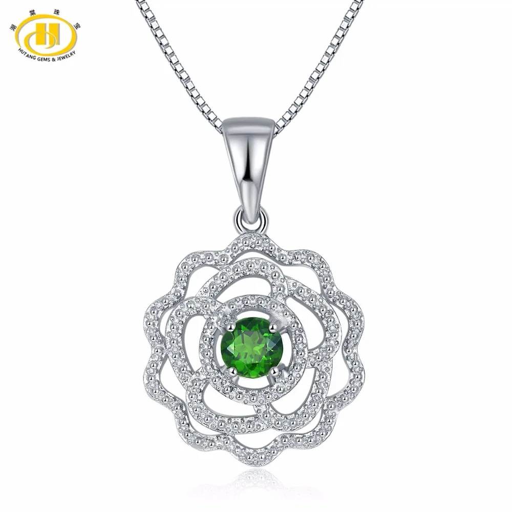 

Hutang Trendy Solid 925 Sterling Silver 0.77ct Natural Gemstone Chrome Diopside & Topaz Pendant Necklace Fine Jewelry For Women