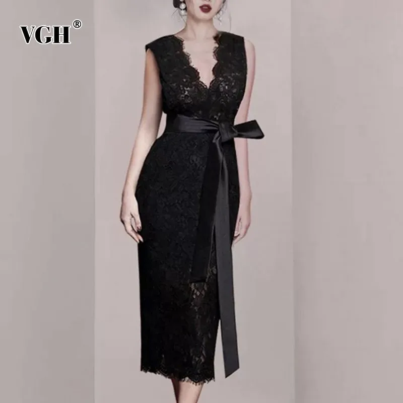 

VGH Summer Sexy V Neck Off Shoulder Dress Women Sleeveless High Waist Bandage Lace Patchwork Sheath Dresses Female Fashion New