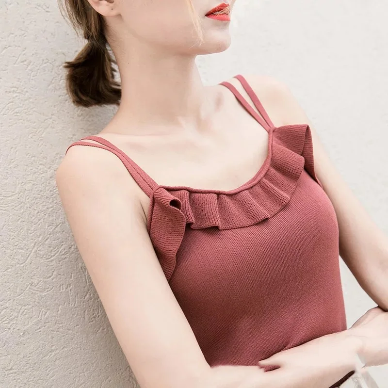 

2019 Summer new women knit U-neck thin solid color double sling bottoming shirt