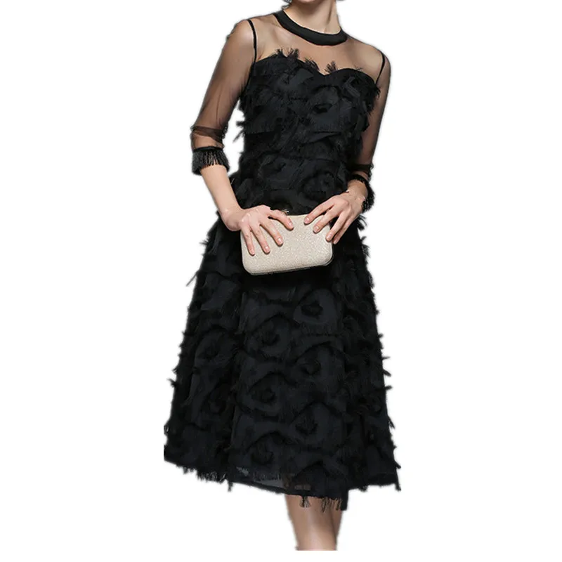 Весна Лето Женское винтажное вечернее платье А-силуэта модное платье с кисточками и круглым вырезом черное элегантное платье для женщин - Цвет: Черный