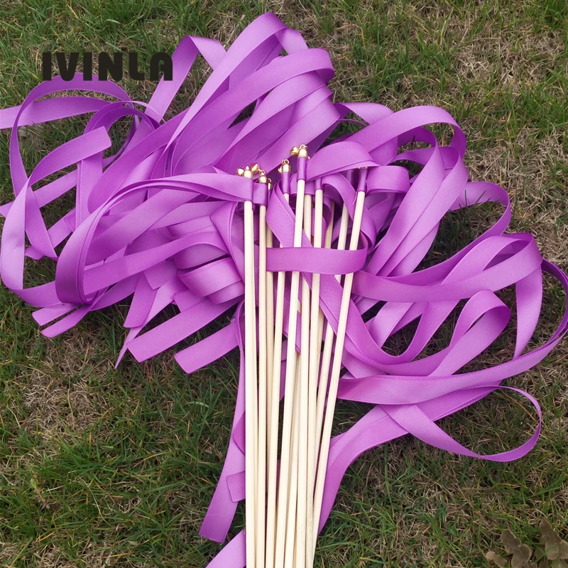 

Newest 50pcs/lot purple wedding ribbon stick wands Sparklers with sliver bell for wedding decoration