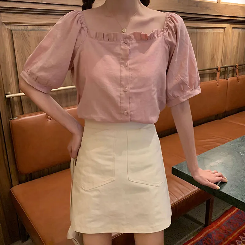 

3 colors femme womens tops 2019 summer korean style solid color square collar short sleeve shirt women blouses (X390)
