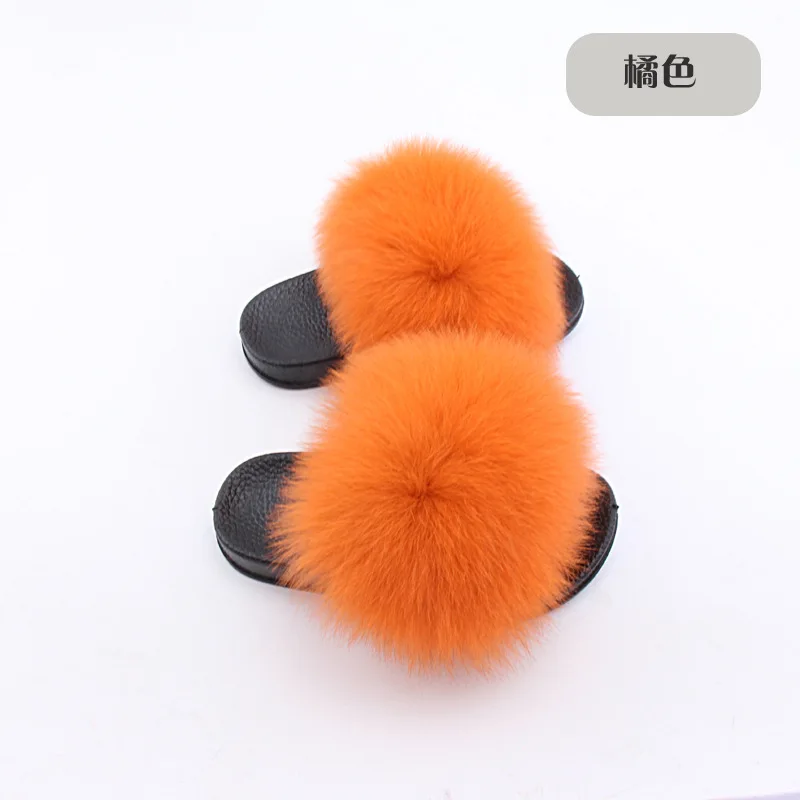 Wholesale Real Fox Slippers Kids Rainbow Neon Color Toldder Fur Child Home Slides Girls Raccoon Super Fluffy Cute Flat Summer - Цвет: see as pic