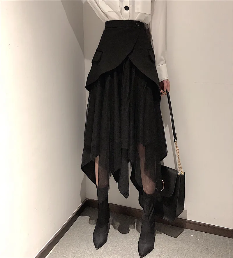 Корейский винтажный Готический лоскутный костюм с карманами, плиссированная трапециевидная Асимметричная Длинная черная юбка средней длины, Женская высокая талия, бохо, женская мода