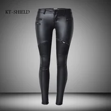 Women’s Denim Skinny Stretch Low Waist Pants Motorcycle Biker Punk Faux PU Leather Pencil Pants Multi Zipper Locomotive Jeans 46