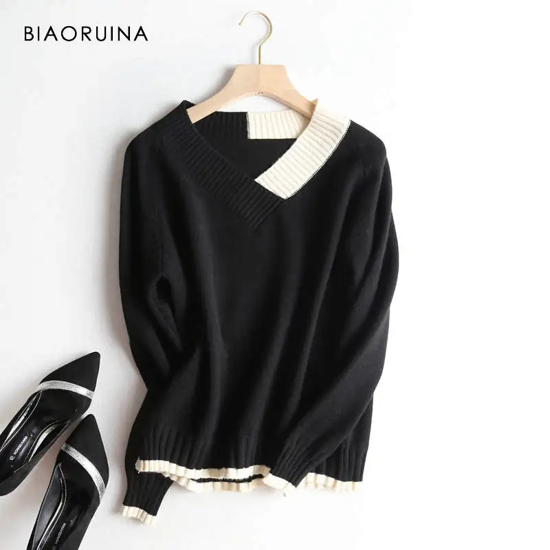 BIAORUINA Женский Повседневный Универсальный вязаный свитер женский контрастный цвет Модный пуловер с v-образным вырезом женский элегантный свитер один размер - Цвет: Черный