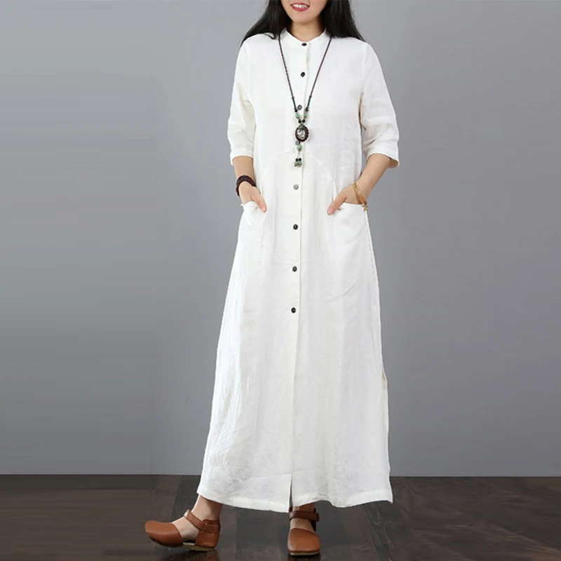ZANZEA осеннее длинное платье макси, Длинные Топы, женское платье-рубашка на пуговицах, женское повседневное однотонное платье с разрезом и длинным рукавом, хлопковое платье - Цвет: Белый