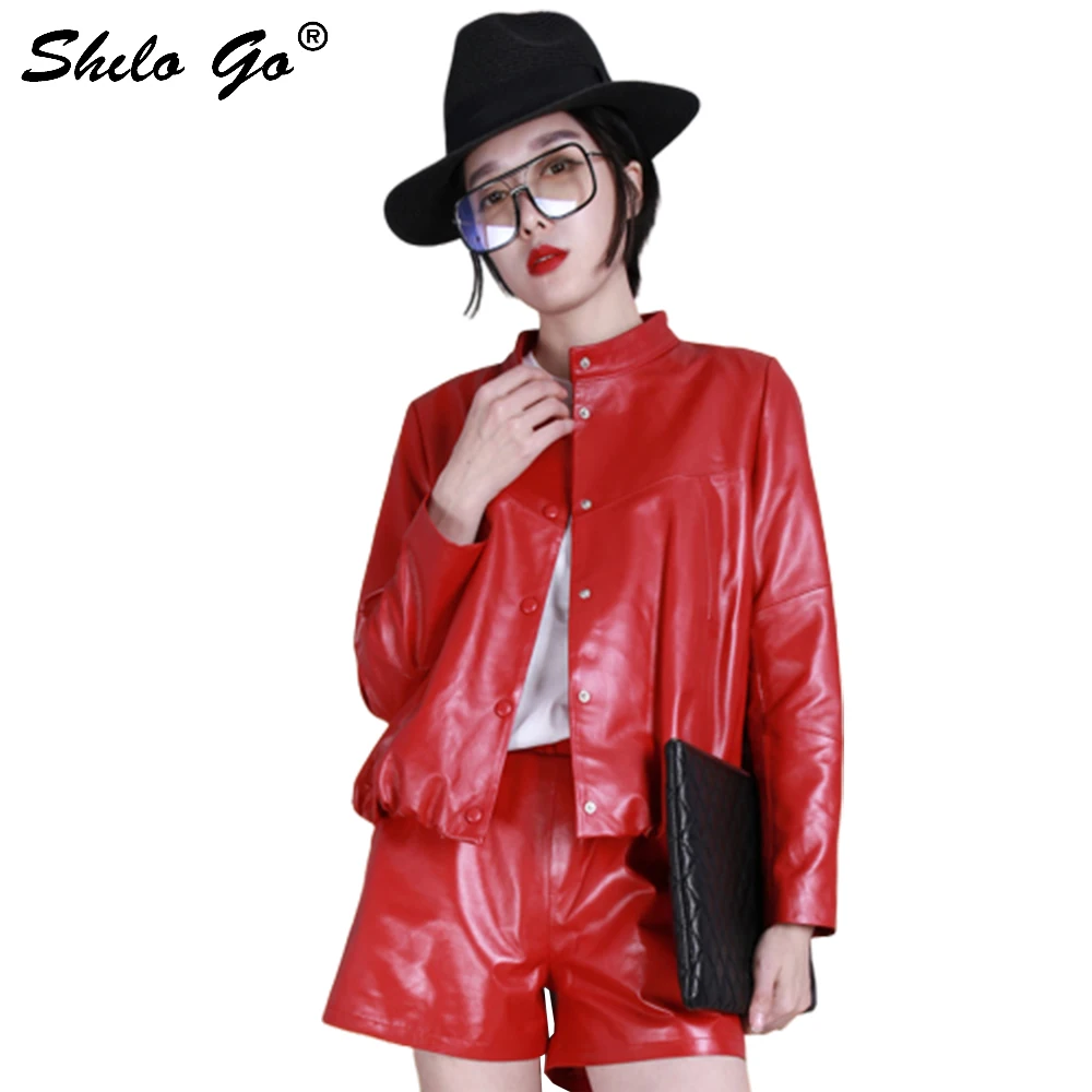 SHILO GO Leather Jacket Womens Spring Fashion sheepskin genuine leather Coat stand collar single breasted loose Casual jacket