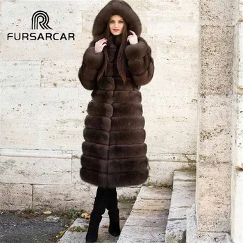 

FURSARCAR Winter Natural Real Fox Fur Coat Women With Fur Hood 2018 New Fox Fur 100 CM Long Thick Warm Women Fur Coat